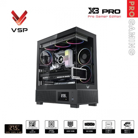 Thùng máy VSP X3 Pro Gamer Edition Monitor - Đen, không kèm fan