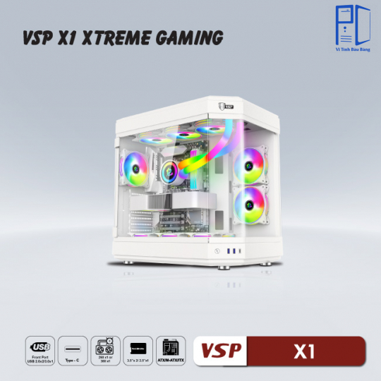 Thùng máy Case VSP X1 Extreme Gaming | Đen / Trắng, Không Fan