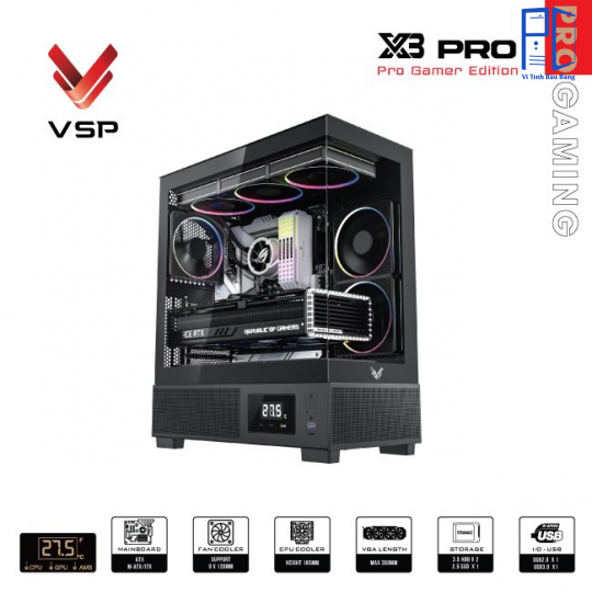 Thùng máy VSP X3 Pro Gamer Edition Monitor - Đen, không kèm fan